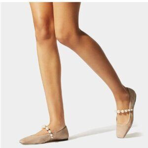 FOWT Nude Square Toe Slip on Flats Pearl Studded Strap Pumps Wedding Shoes